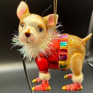 Festive Chihuahua Ornament with Glittery Santa Suit Accents
